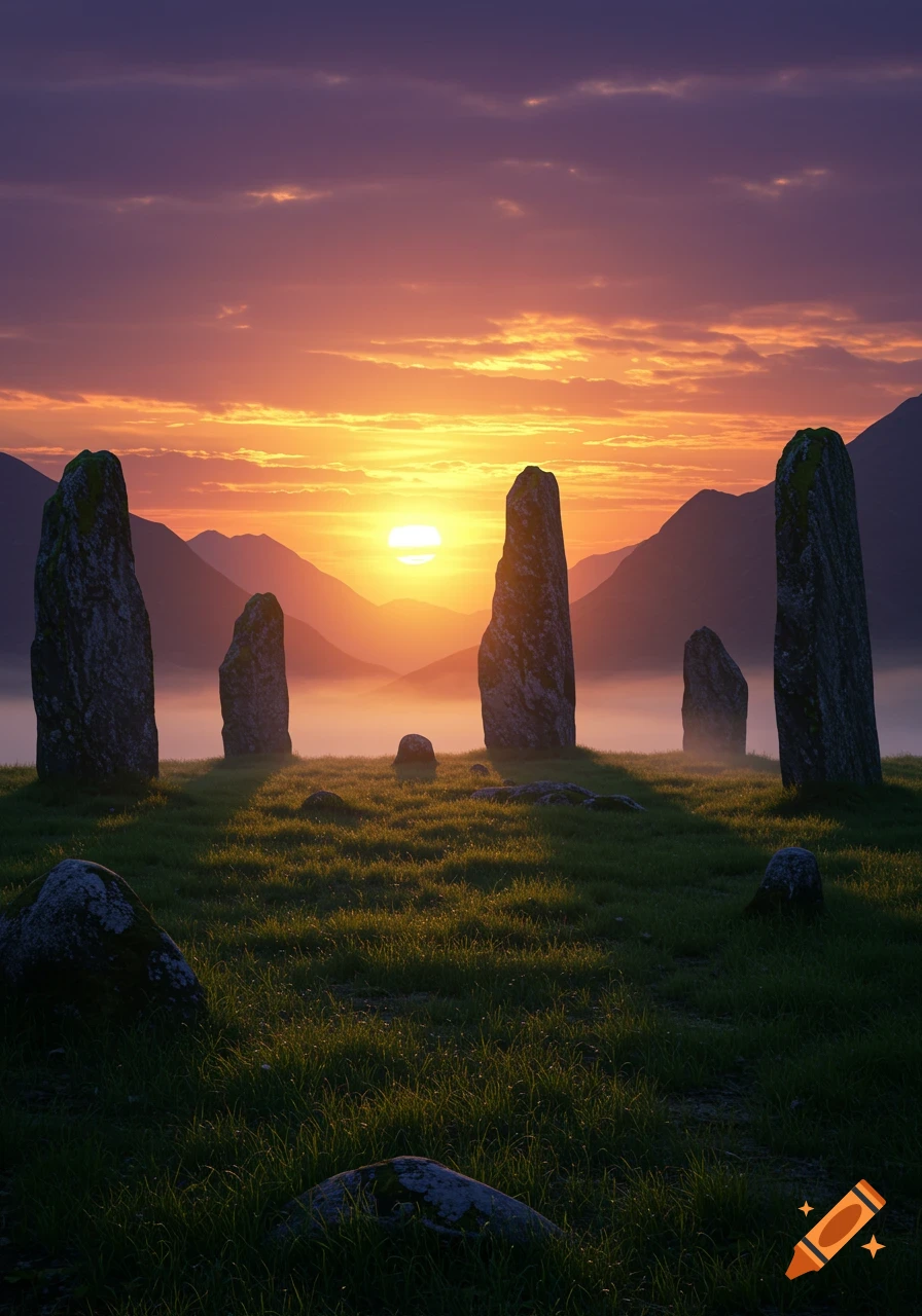 A circle of ancient standing stones on a grassy hill at sunset, with misty mountains in the background.
