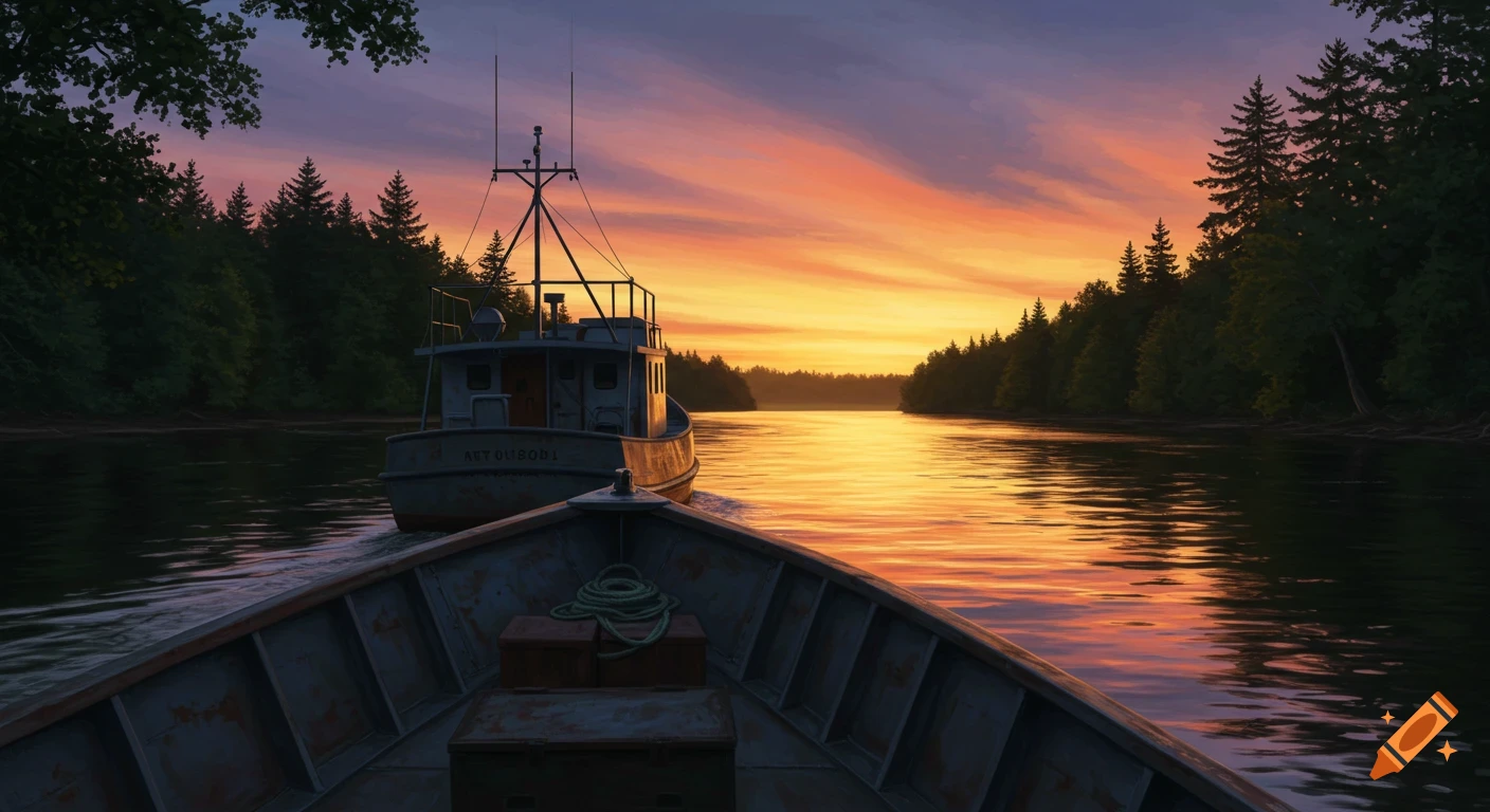A painterly image of two old steel fishing boats on a calm river at sunset, surrounded by dense forests.