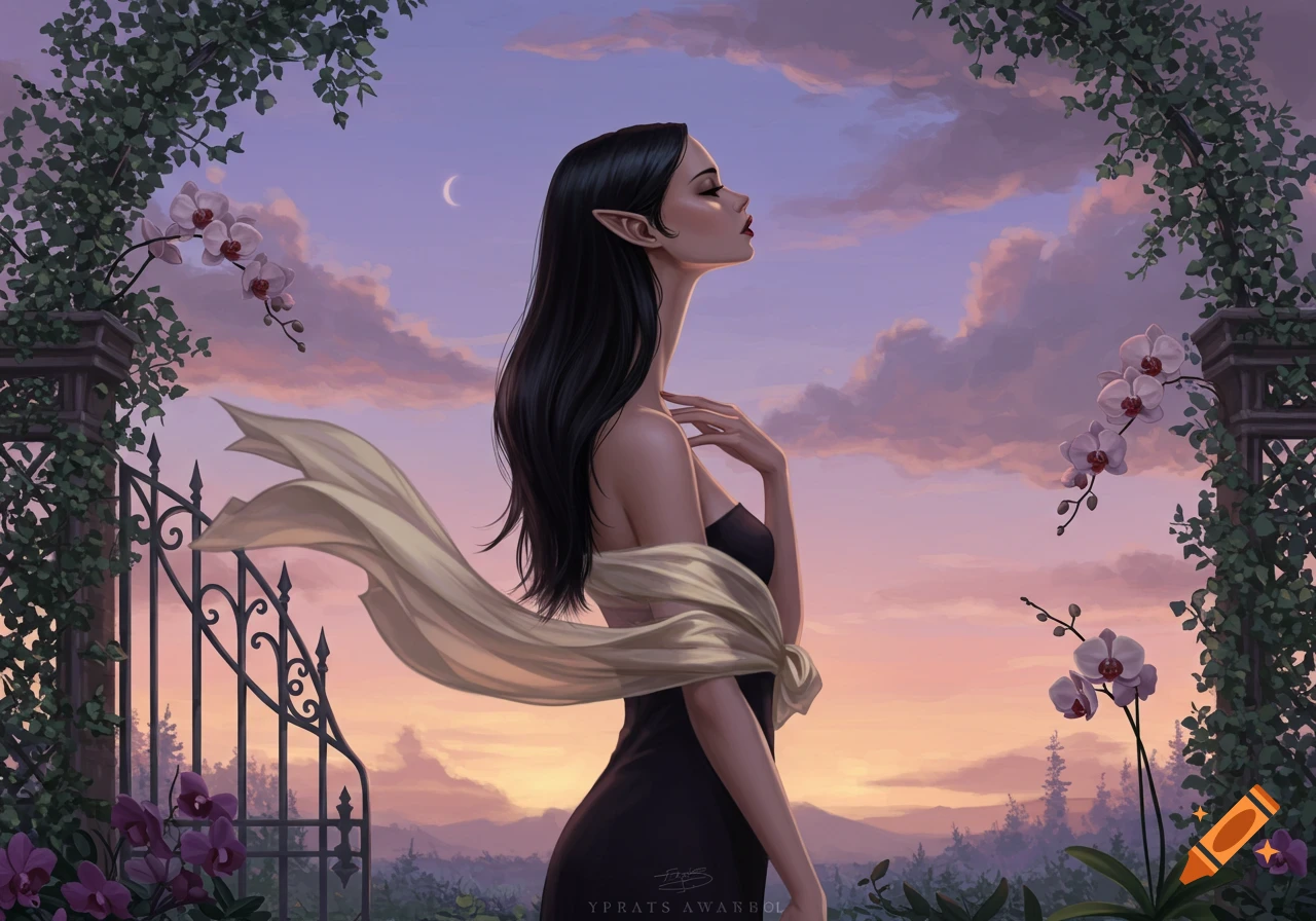 An elegant elf woman with long dark hair and a flowing scarf looks up at a pastel sunset in a garden with orchids and an ornate gate, digital painting.