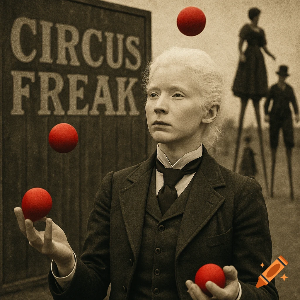 A vintage sepia-toned photo of an albino woman in a suit juggling red balls, with a 'CIRCUS FREAK' sign and stilt performers in the background.