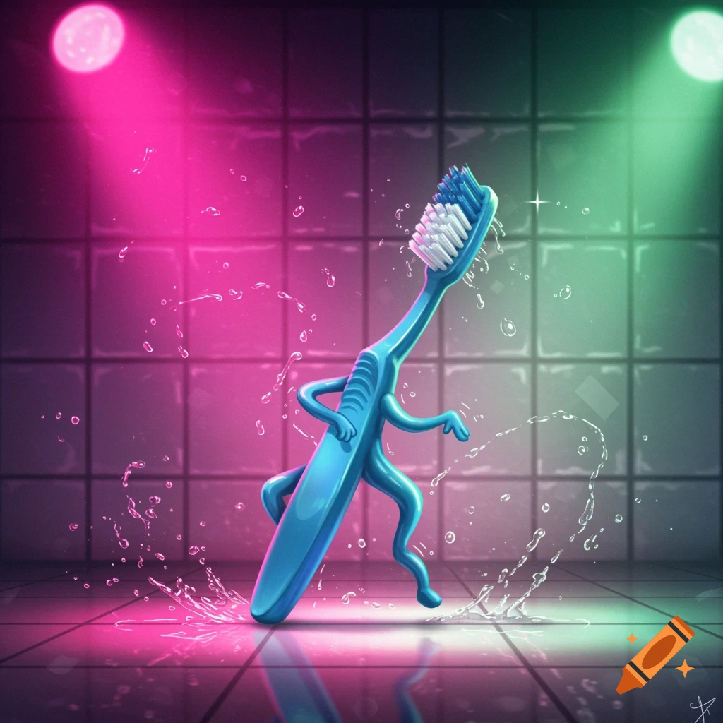 A blue cartoon toothbrush with arms and legs dances on a wet tiled floor under pink and green spotlights.