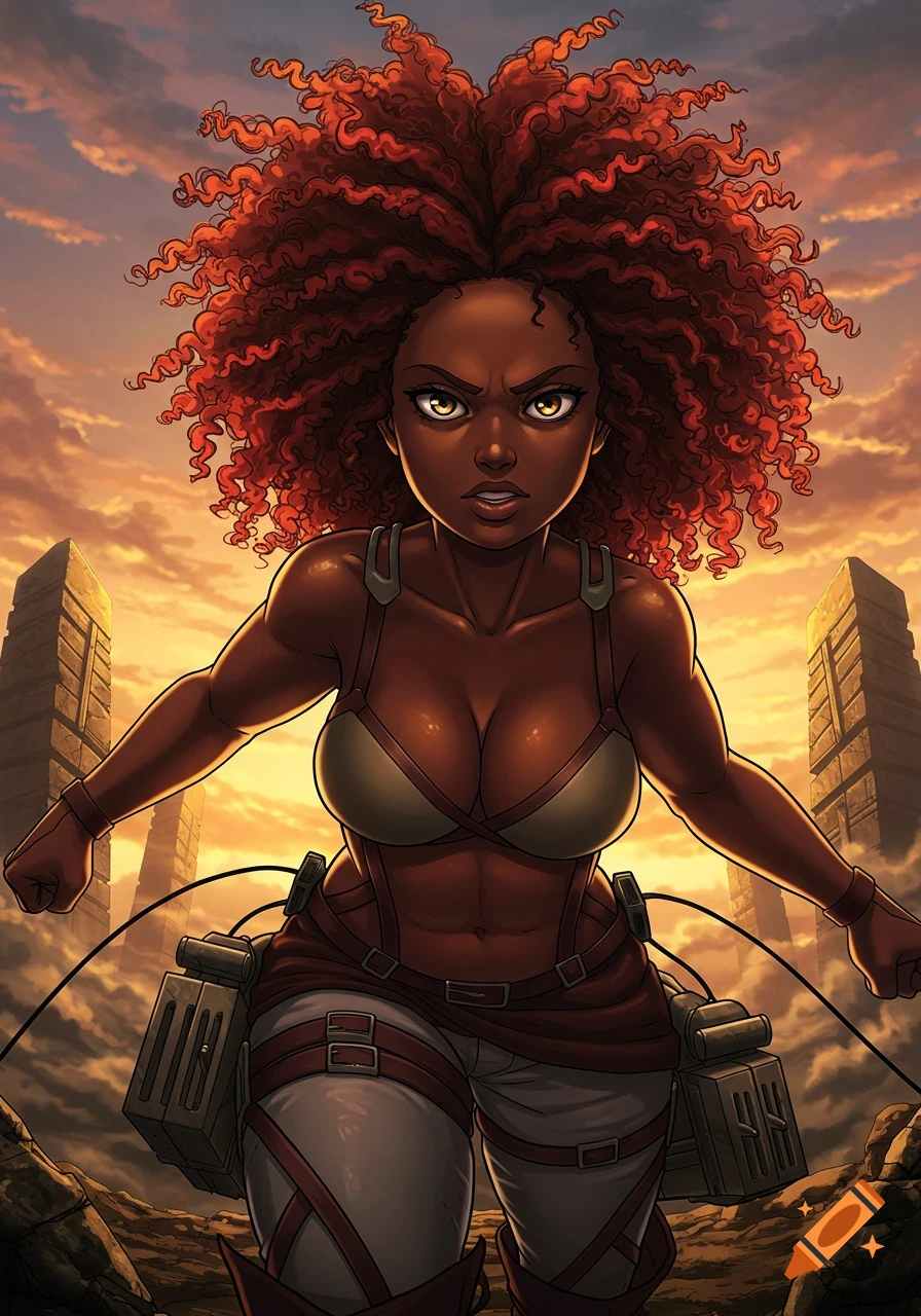African-American woman with wild red curly hair, wearing an Attack on Titan-style outfit, standing defiantly against a dramatic sunset sky.
