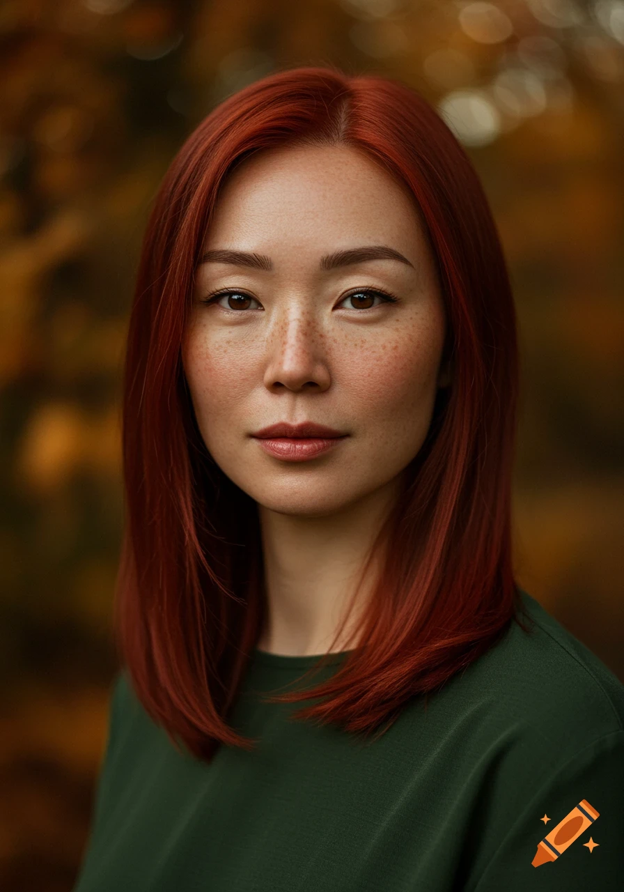 Headshot of a woman with red hair and freckles, wearing a dark green shirt, against a blurred autumn background.