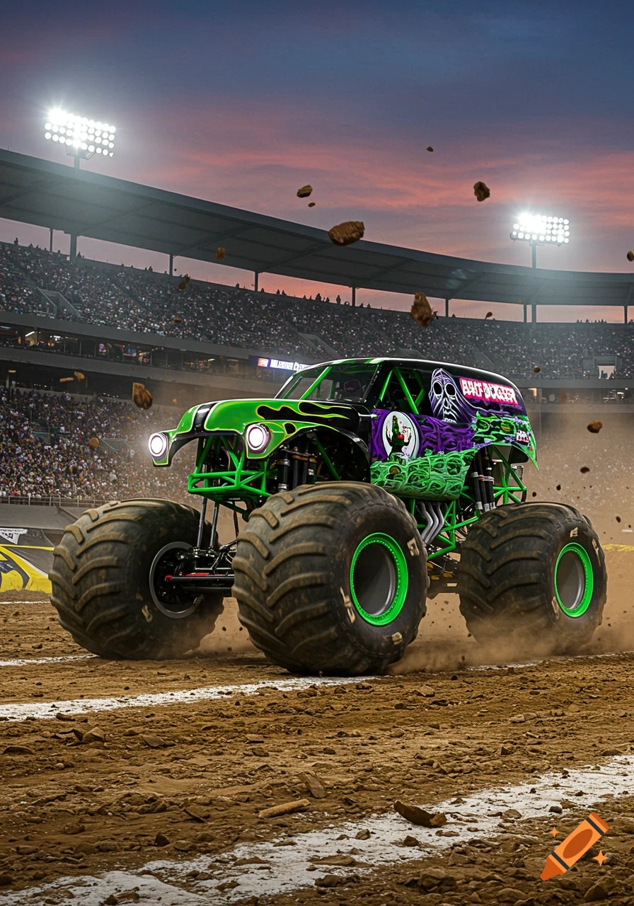 A green and black Grave Digger monster truck kicks up dirt on a track in a stadium with spectators.