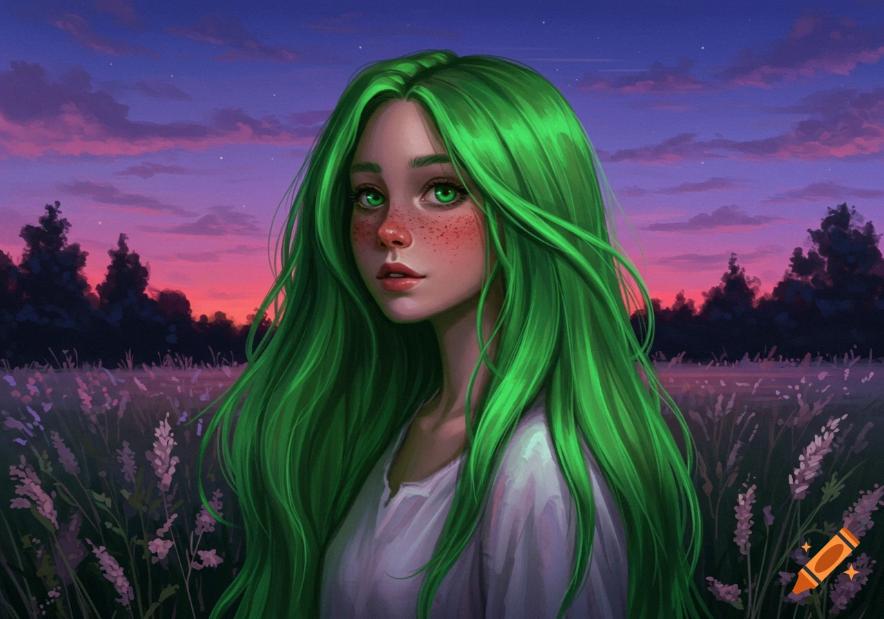 Digital painting of a girl with long, vibrant green hair, green eyes, and freckles, standing in a field of lavender flowers at sunset.
