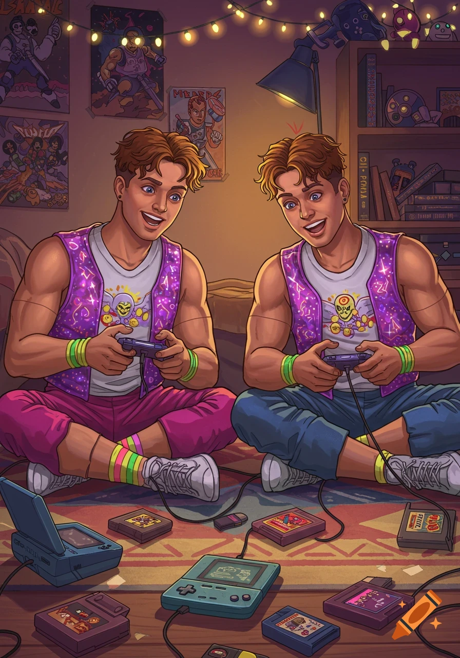 Two twin brothers with brown curly hair sit on the floor playing retro video games in a colorful, cartoon-style room.