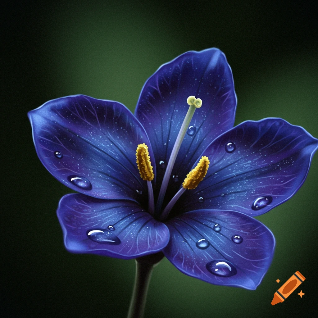 Close-up photorealistic blue flower with yellow stamens and water droplets against a dark green background.