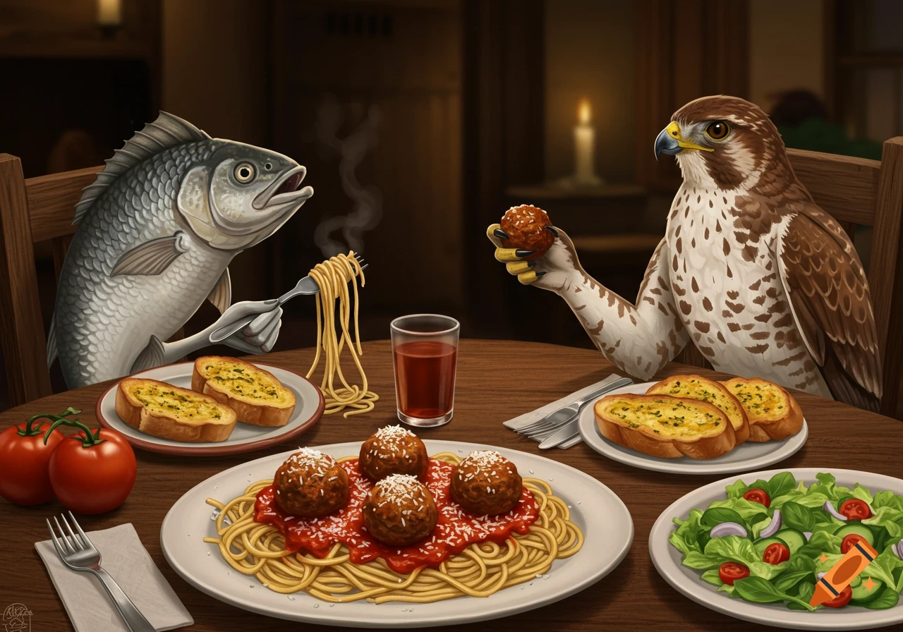 An anthropomorphic fish and hawk share a spaghetti dinner at a table with garlic bread and salad, in an illustrative style.