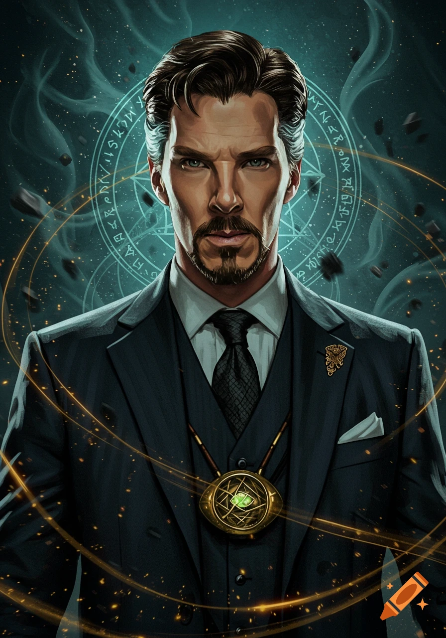 A stylized portrait of Doctor Strange in a suit, with mystical glowing runes and particles in the background.