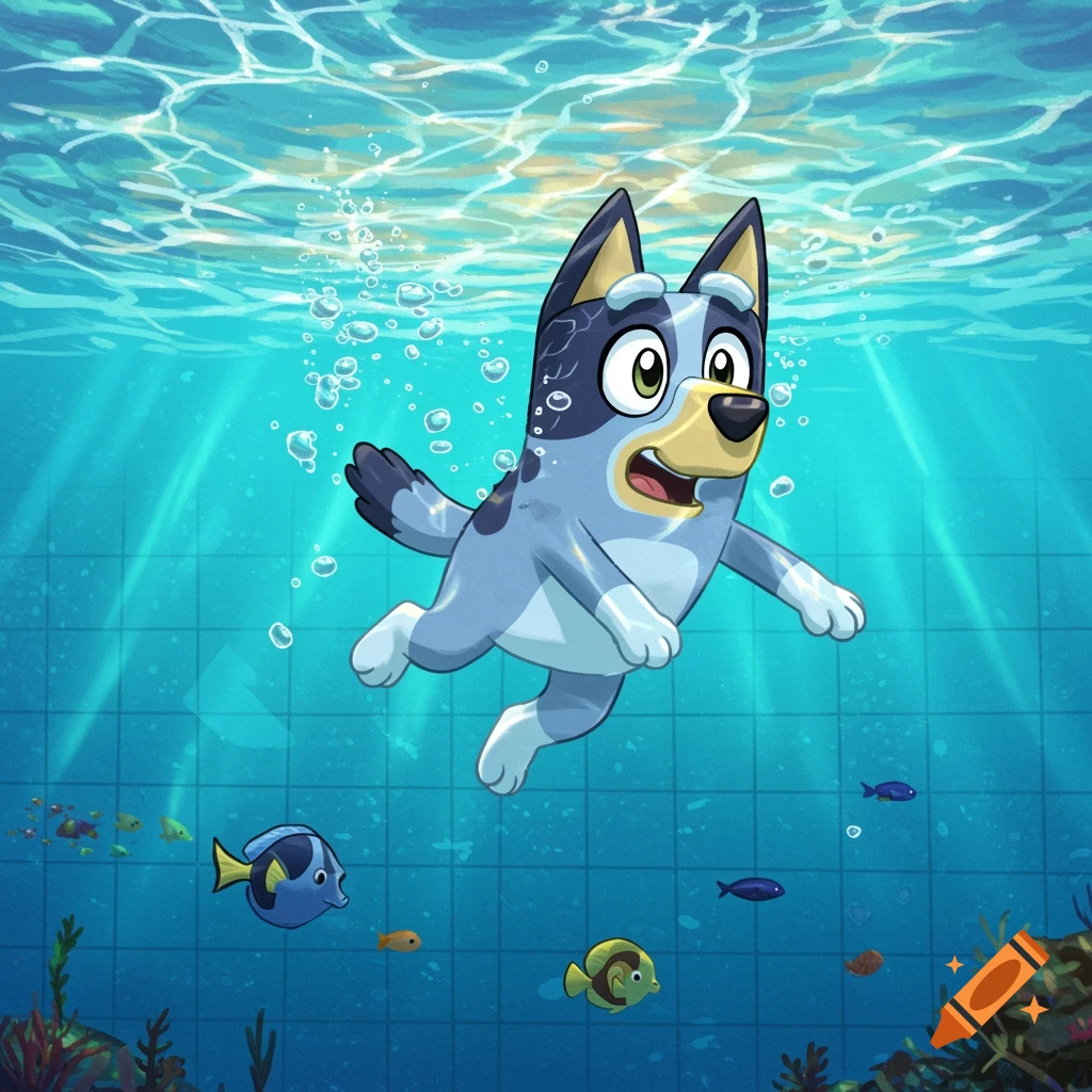 Bluey, a blue cartoon dog, swims cheerfully underwater in a sunlit pool with fish.