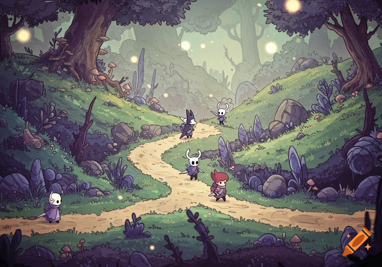 Several small, stylized characters, some resembling Hollow Knight characters, walk on a winding dirt path through a whimsical forest with large trees, glowing orbs, and unique plants in a hand-drawn RPG style.