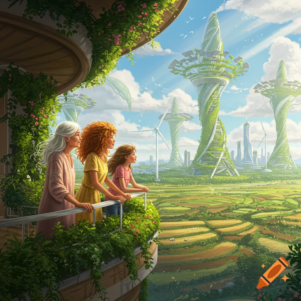 Three women on a balcony overlooking a vibrant solarpunk city with green skyscrapers and wind turbines, lush fields below.