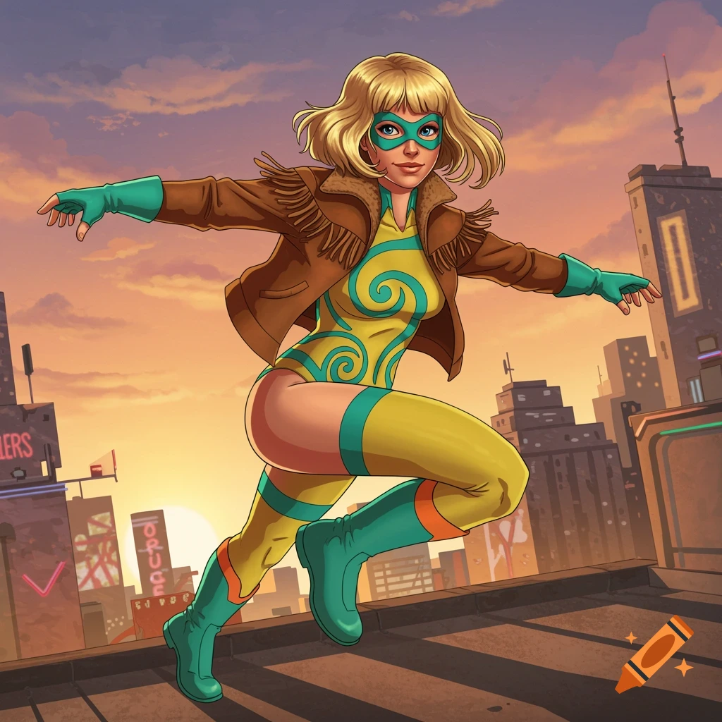 A blonde female superhero in a yellow and teal swirl bodysuit and a brown fringed jacket leaps across city rooftops at sunset. She wears a teal eye mask, gloves, and green and orange boots.
