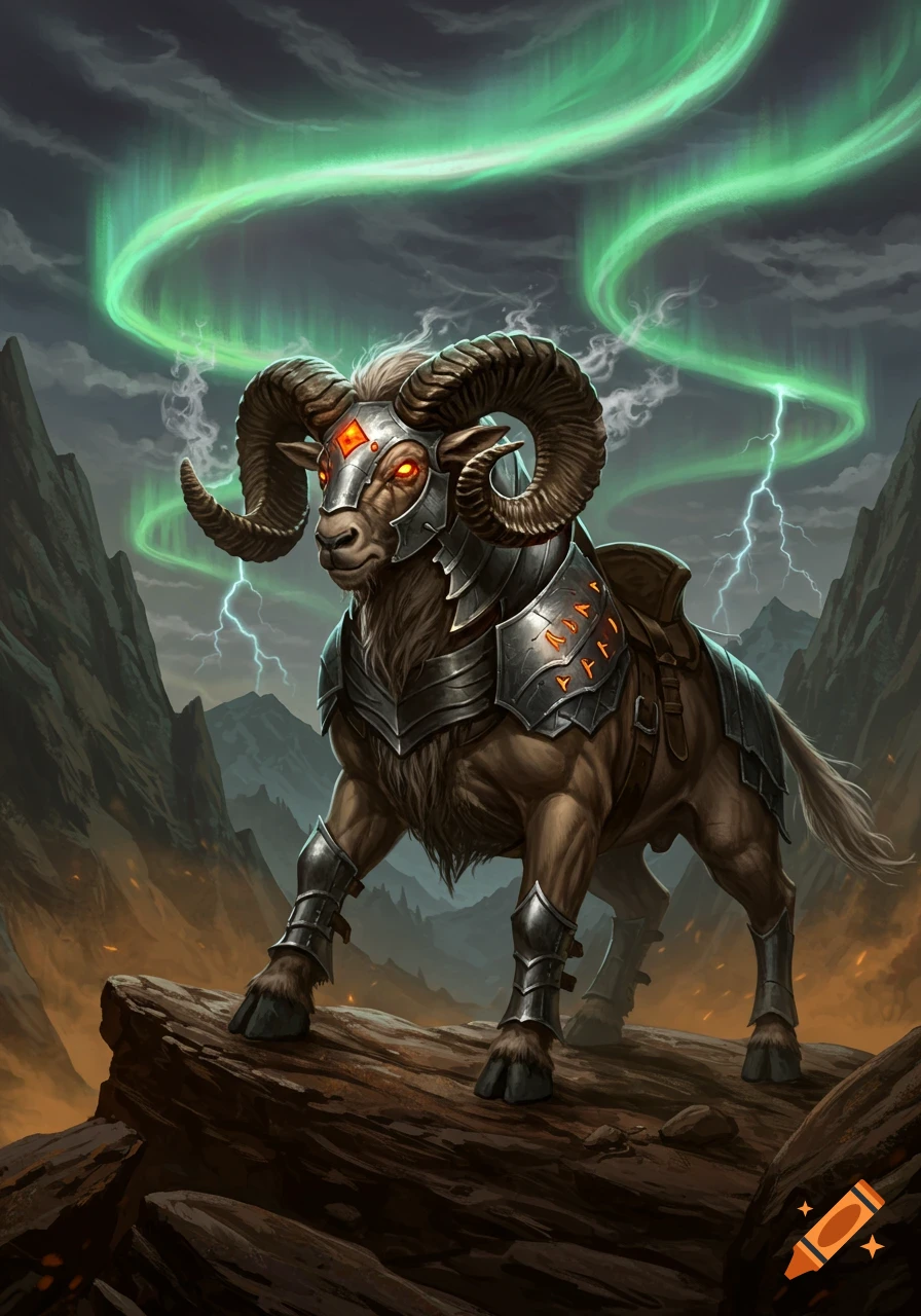 An armored war ram with glowing red eyes stands on a rocky peak under a stormy sky with green aurora and lightning.