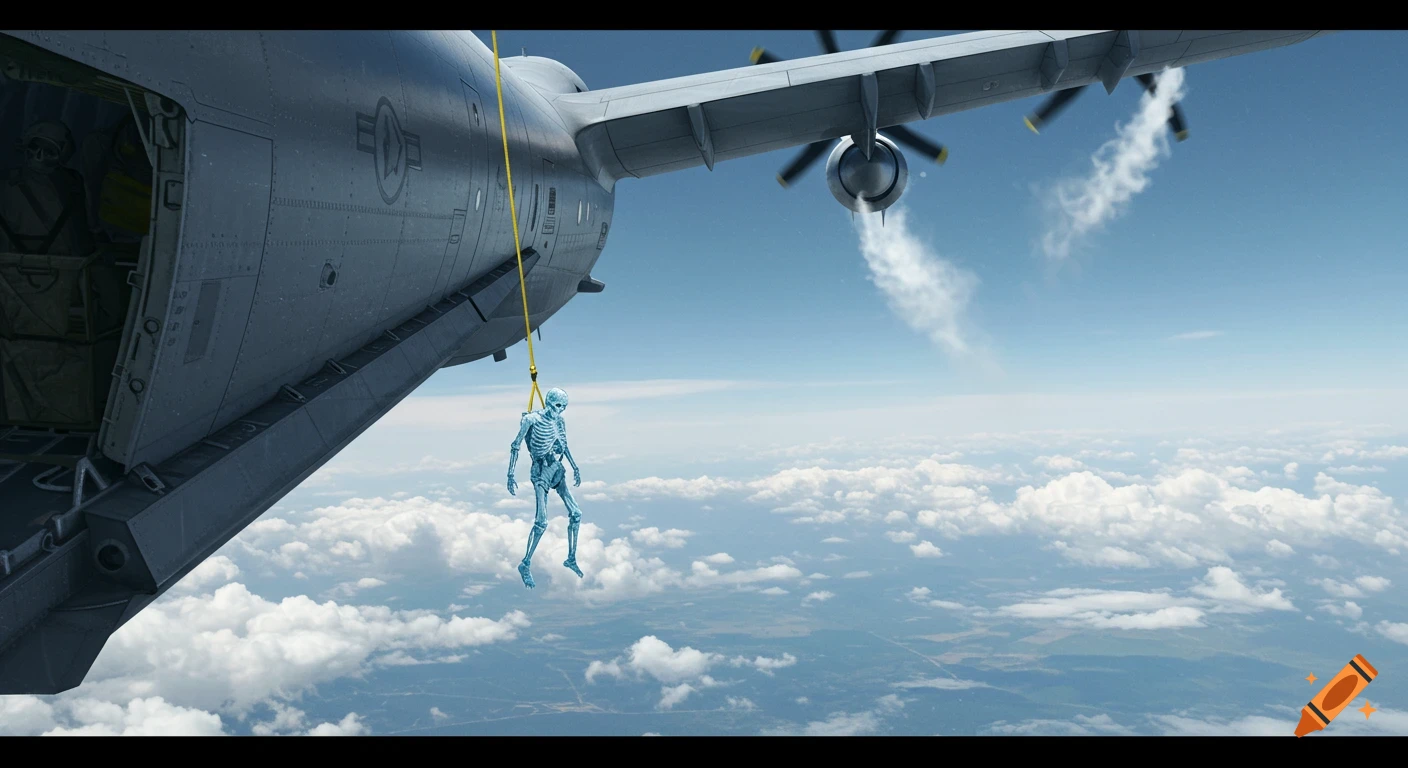 A blue skeleton hangs from a yellow rope descending from the open rear door of a C-130 military transport plane flying above clouds.