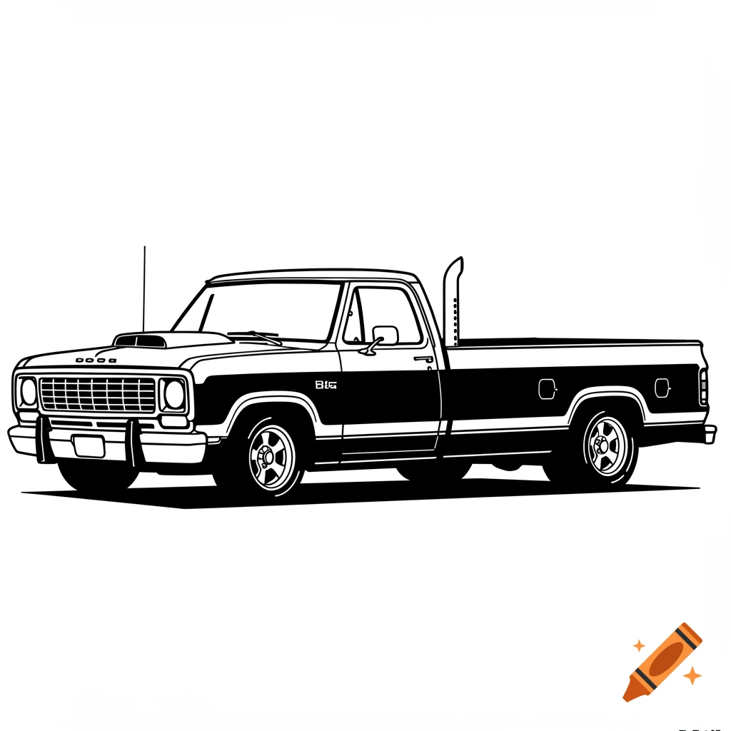 Black and white line art of a vintage pickup truck with a large exhaust pipe, viewed from the side.