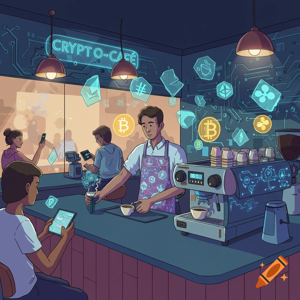 An illustrated crypto-themed cafe at night, with a barista making coffee and patrons using devices surrounded by floating cryptocurrency symbols.