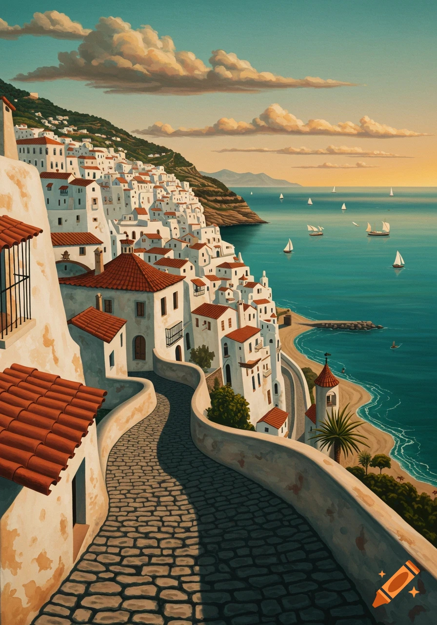 Vibrant painting of a white-washed Mediterranean town on a hillside overlooking a turquoise sea with sailboats.