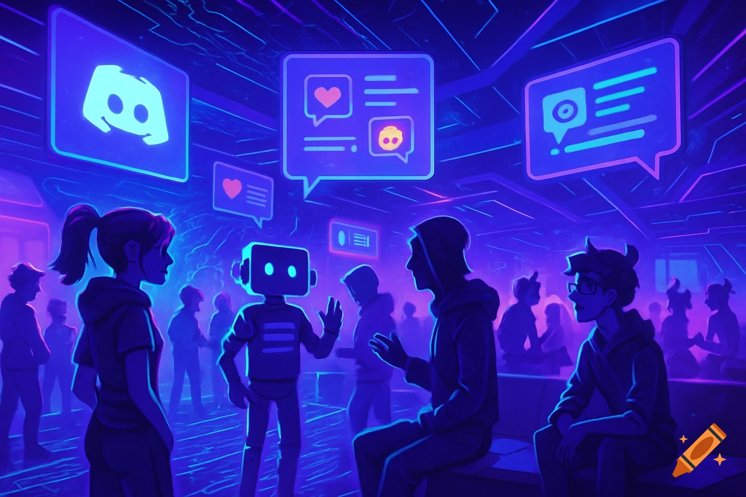 A neon-lit futuristic room with people and a robot interacting. Floating screens display the Discord logo and chat icons.