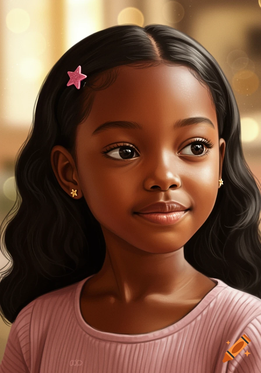 A photorealistic portrait of a young Black girl with long dark hair, a pink star clip, gold earrings, and a pink ribbed shirt, looking to the right.