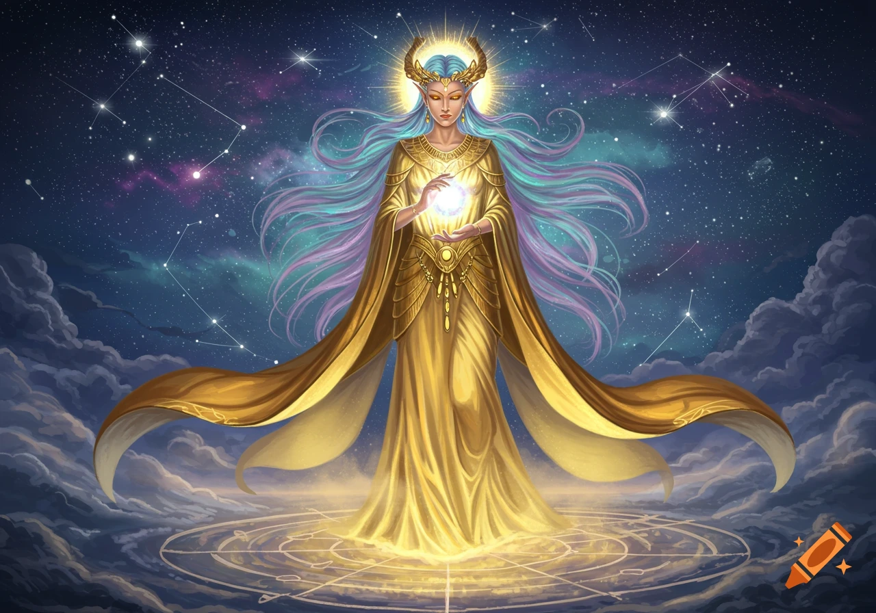 A goddess in golden robes with flowing blue and purple hair stands against a starry cosmic sky, holding a glowing orb. Constellations and magical patterns illuminate the scene.