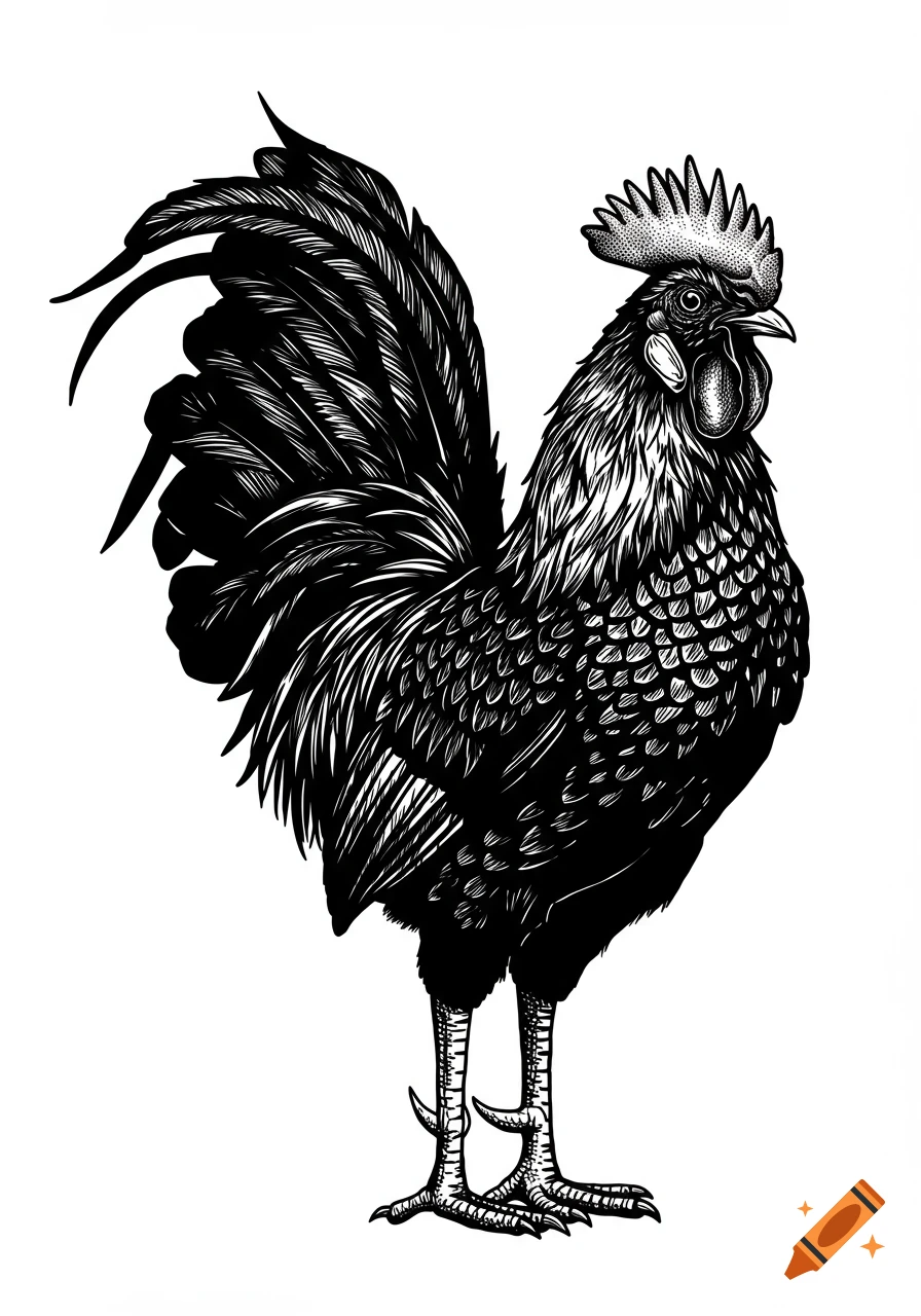 Black and white woodcut style illustration of a rooster standing.