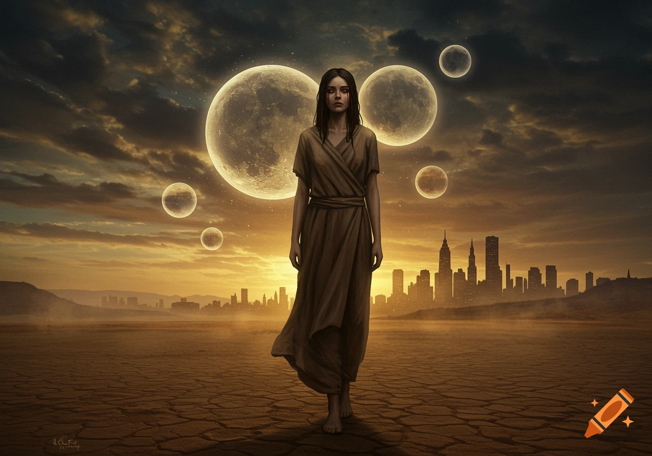 A woman in a brown robe walks across cracked earth towards a distant cityscape under a dramatic sky with multiple large moons.