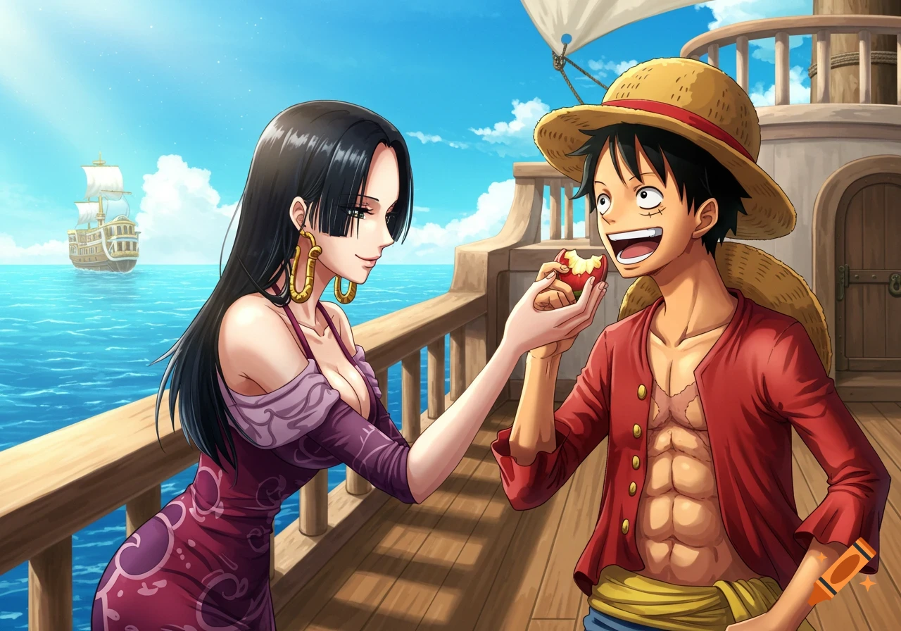 Anime illustration of Boa Hancock feeding an apple to Monkey D. Luffy on a ship at sea.