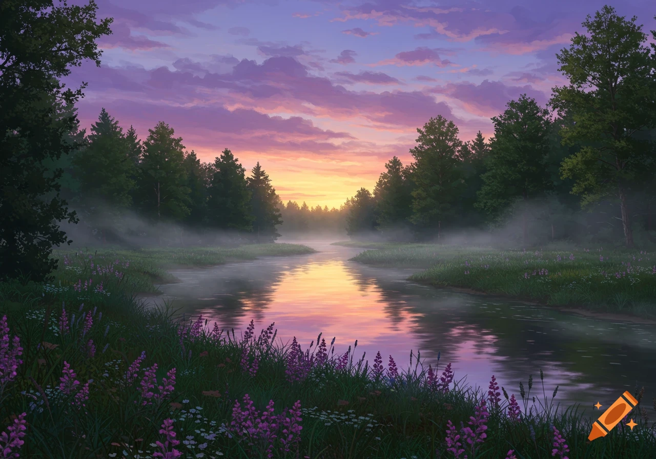 A serene river winds through a misty forest at sunrise, with purple flowers in the foreground under a vibrant pink and orange sky.