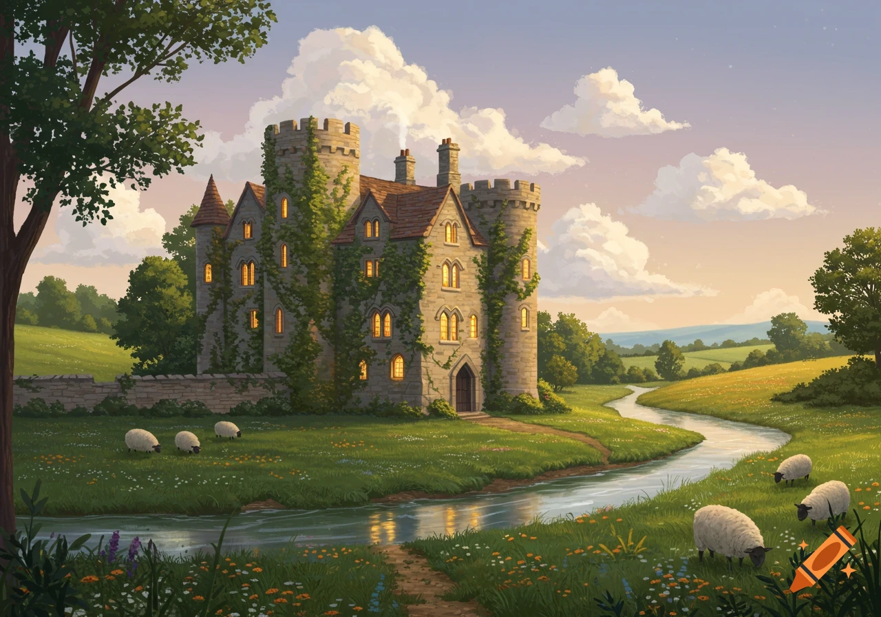 A picturesque stone castle covered in ivy stands beside a winding river in a lush green valley with grazing sheep under a cloudy sunset sky.