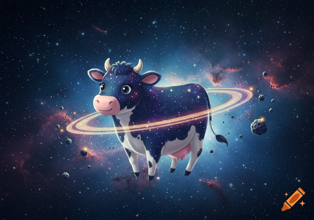 A cute, cartoon galaxy-patterned cow floats in space with a Saturn-like ring around its body, surrounded by stars and nebulae.