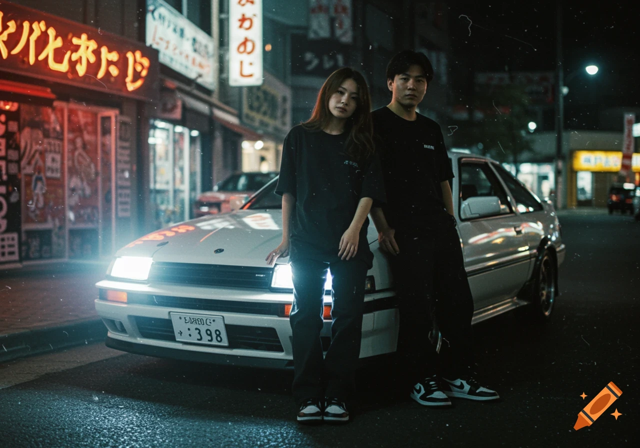 Young couple posing with a white sports car on a wet Tokyo street at night, illuminated by neon signs.