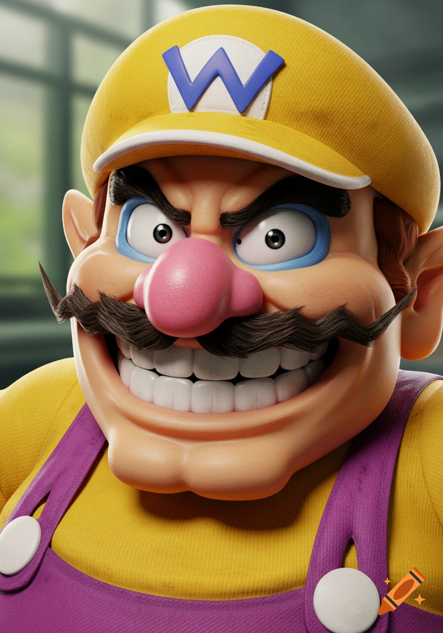 Close-up highly realistic portrait of Wario with a wide, mischievous grin, wearing his yellow hat with a blue 'W' and purple overalls.