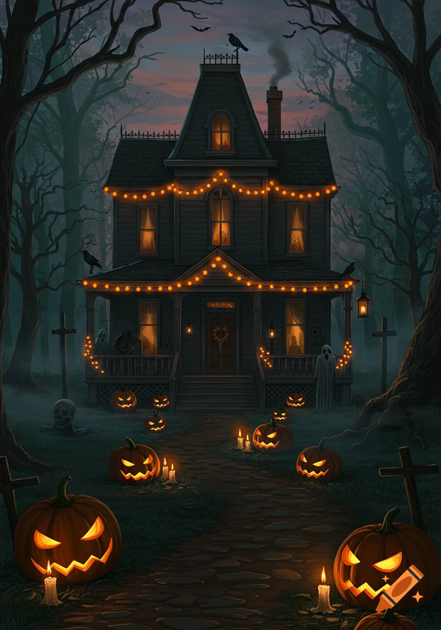 A spooky haunted house with glowing Halloween lights, pumpkins, and candles in a misty, dark forest at twilight.