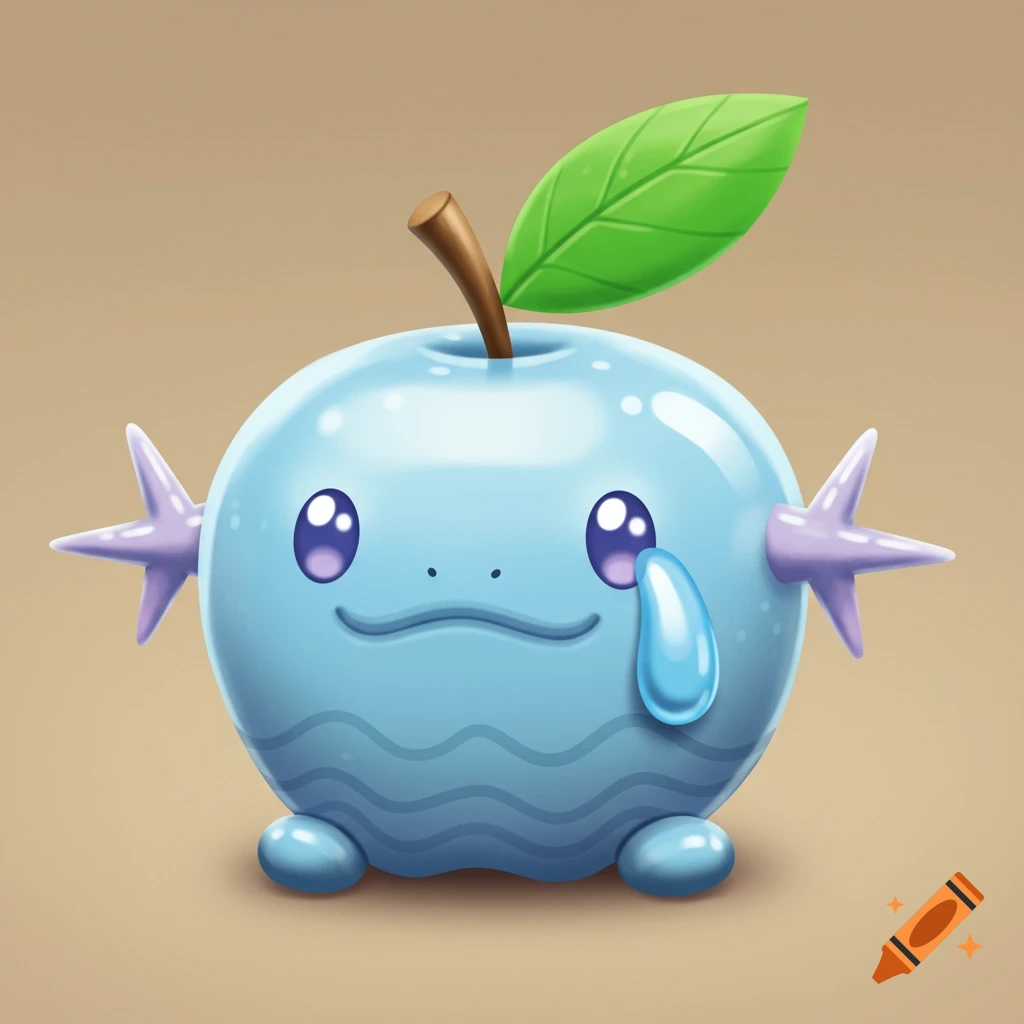 A light blue, shiny, apple-shaped creature with purple eyes, a small mouth, and a blue tear, with purple star-shaped fins and an apple stem with a green leaf on top, against a beige background.