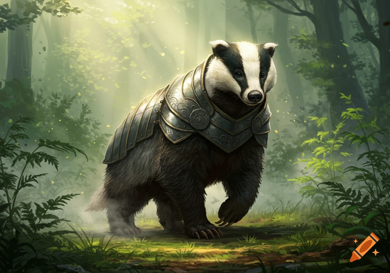 A majestic badger wearing detailed metal armor walks through a sunlit, misty fantasy forest. Illustrated art style.