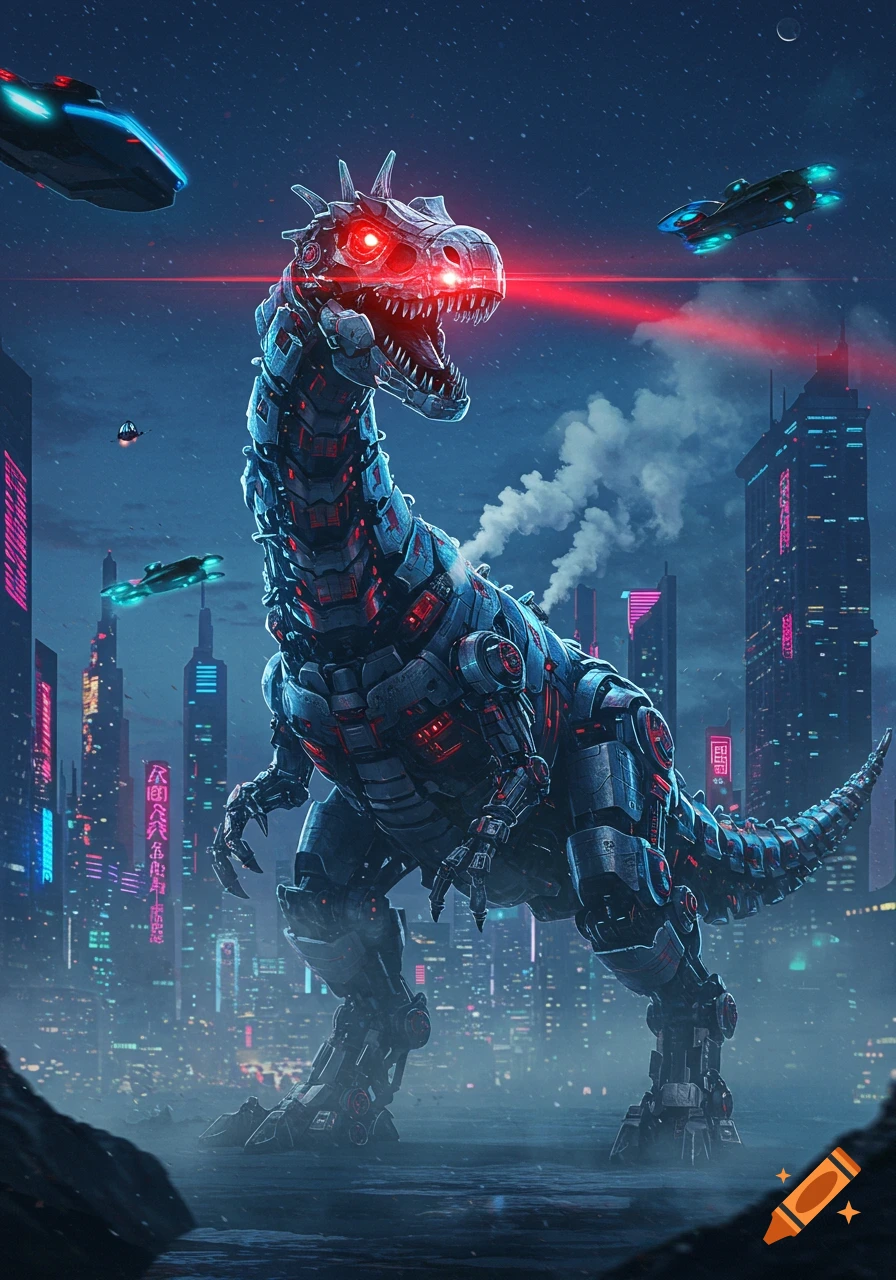 A massive robotic dinosaur with glowing red eyes and a laser beam stands in a neon-lit futuristic city at night with flying vehicles.