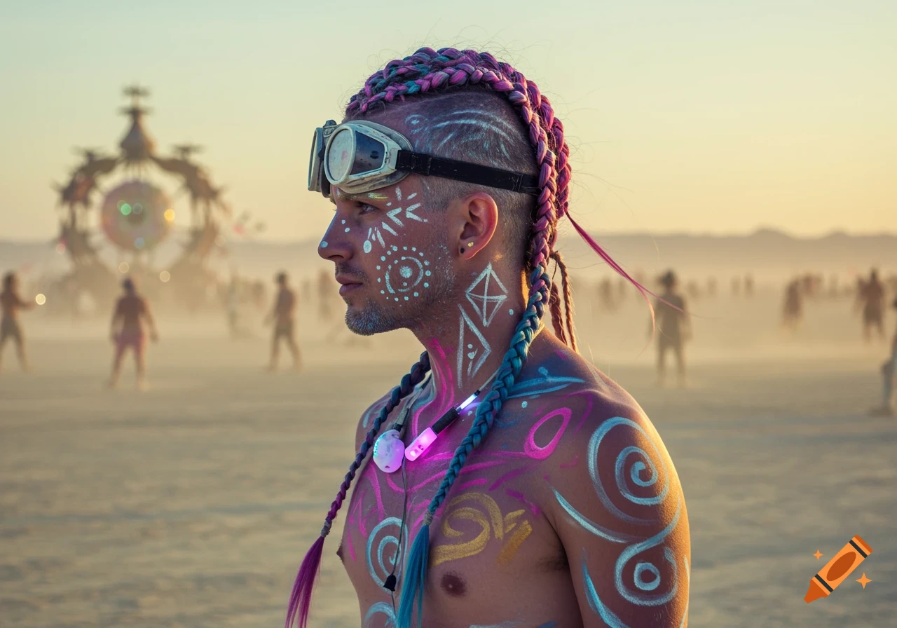 A man with colorful braids, goggles, and body paint in a dusty desert with blurred figures and art installations.