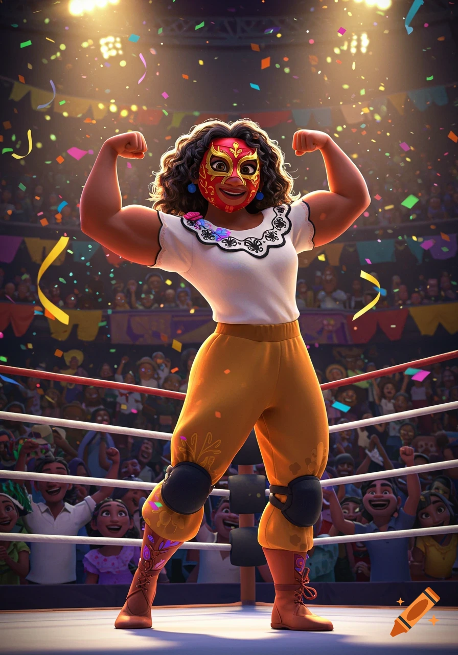 A strong, masked cartoon character with large biceps flexing in a wrestling ring with confetti falling.
