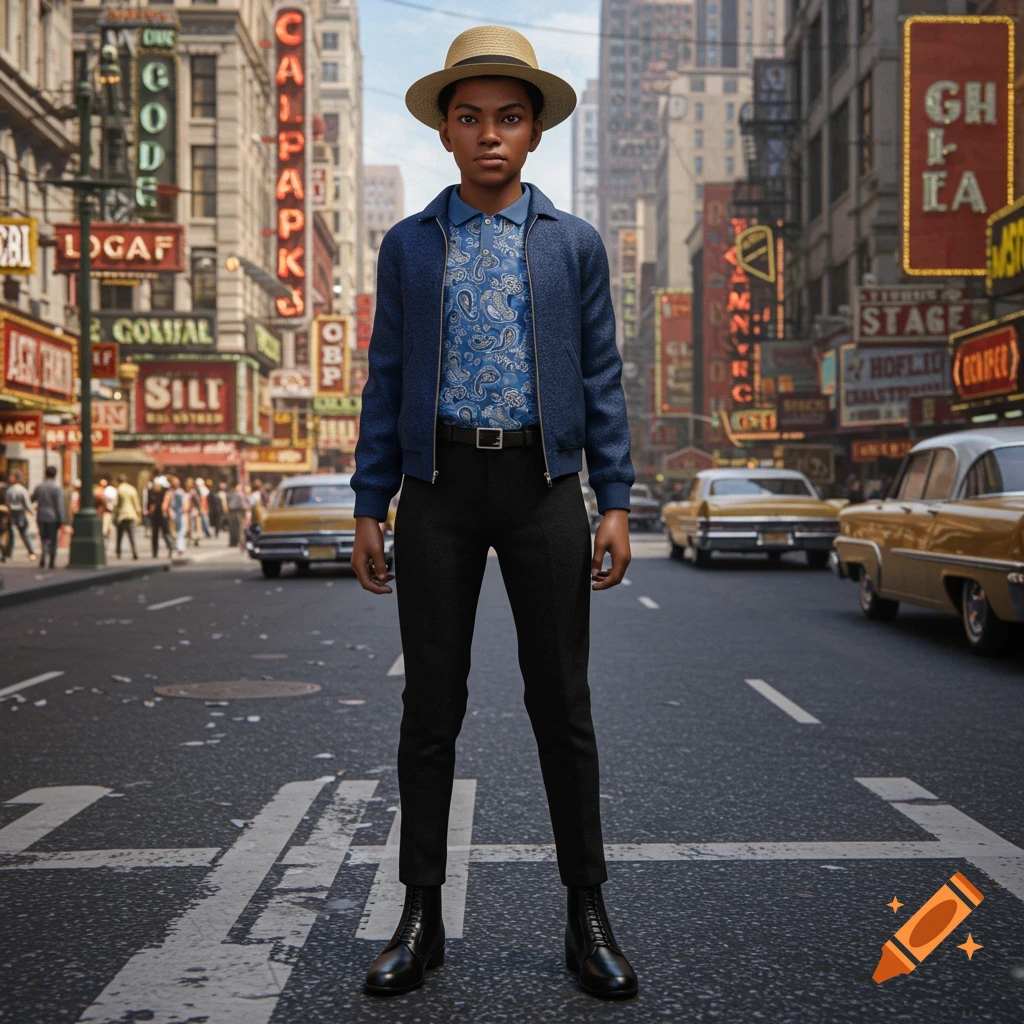 A young person in a straw hat and blue jacket stands in the middle of a busy New York City street lined with neon signs.