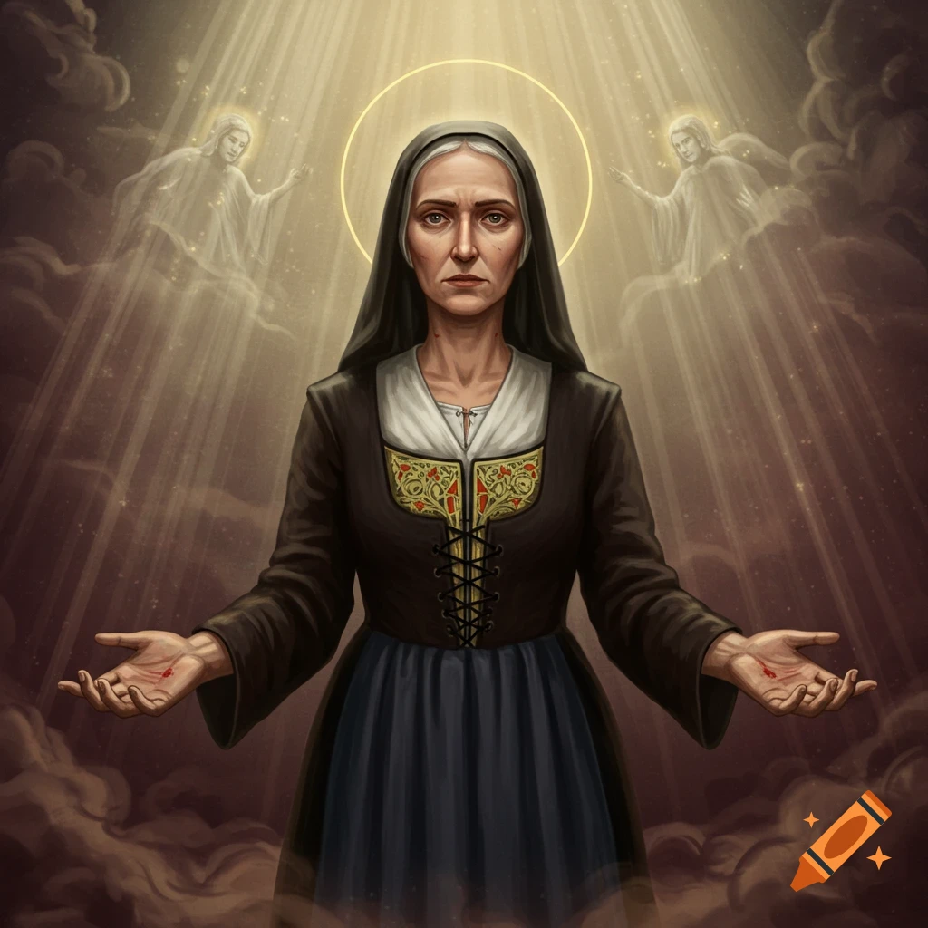 A solemn woman with a halo and stigmata stands with outstretched hands amidst rays of light and ethereal figures in a religious illustration.
