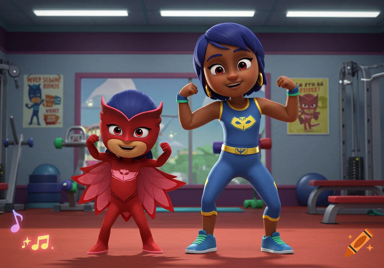 A young superhero Owlette in a red owl costume and an adult woman in a blue superhero outfit flex their muscles in a cartoon gym.