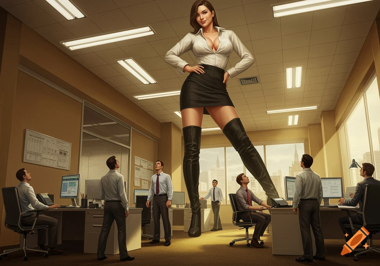 A giant woman in a short skirt and blouse stands in an office, looking down at much smaller male coworkers.