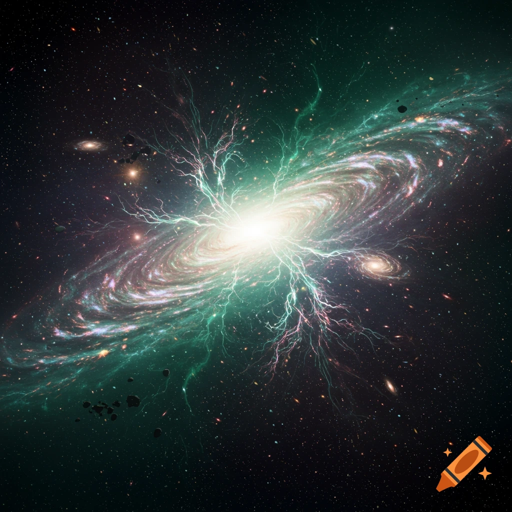 A vibrant spiral galaxy with a bright core, emitting green and purple energy tendrils into the dark, star-filled cosmos.