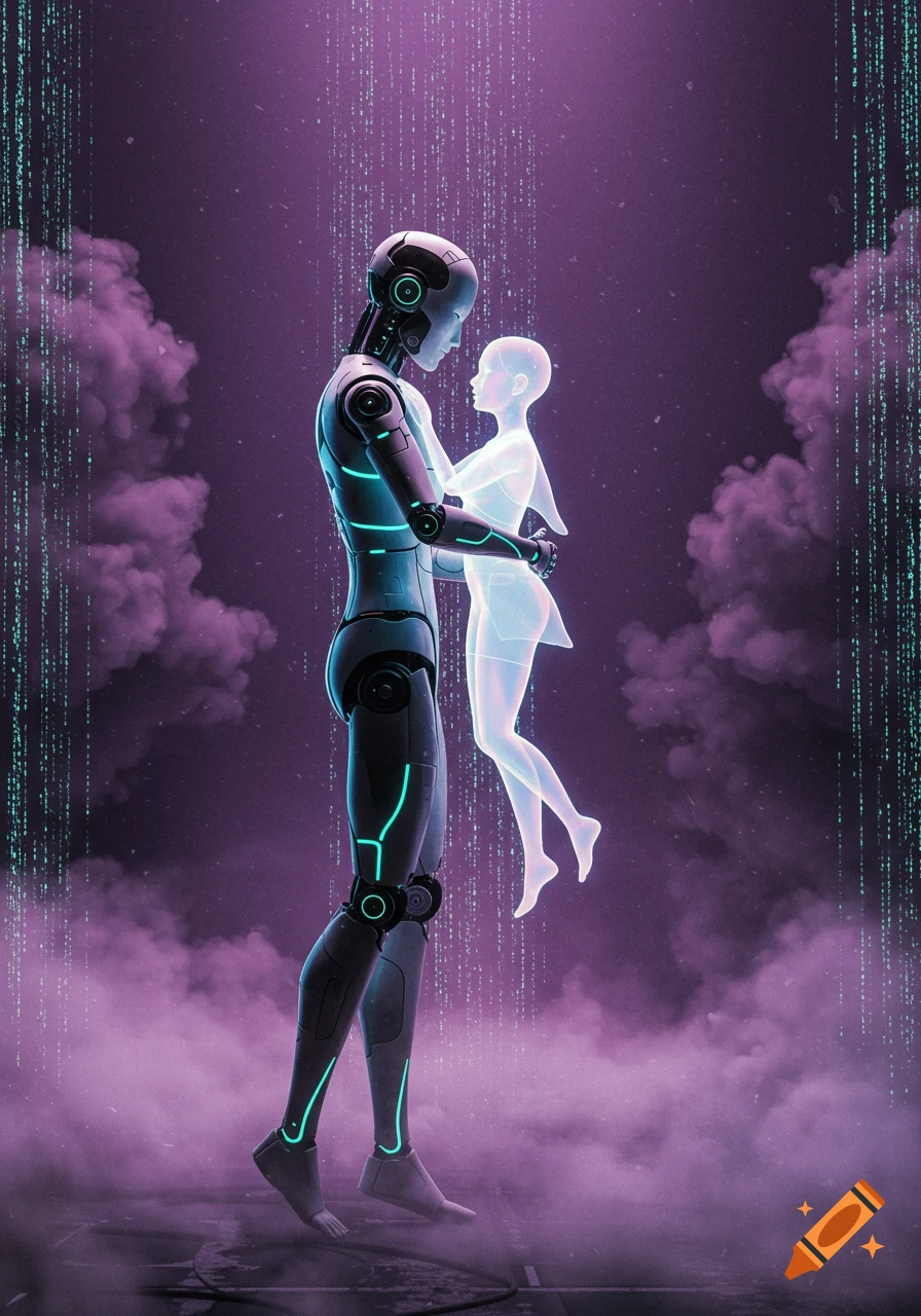 A humanoid robot embraces a glowing, translucent human-like figure in a futuristic setting with purple mist and digital rain.
