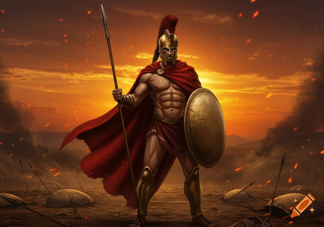 A muscular Spartan warrior in a bronze helmet and red cape stands holding a spear and shield on a battlefield at sunset.