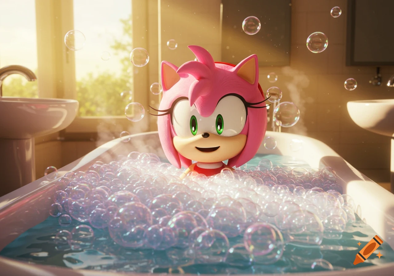 Amy Rose from Sonic the Hedgehog smiles while taking a bubbly bath in a sunlit 3D animated bathroom.