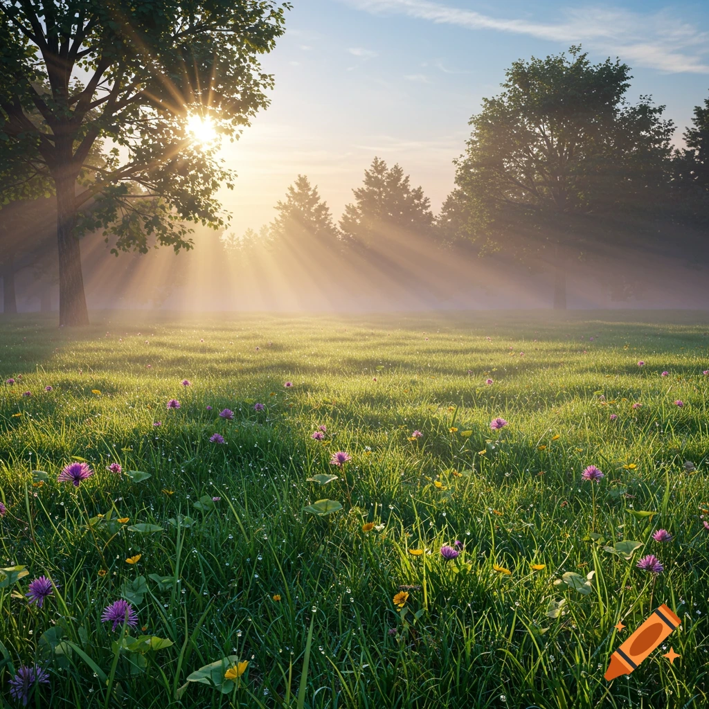 Sunlight streams through trees onto a misty green field covered in dew drops and small purple and yellow flowers.