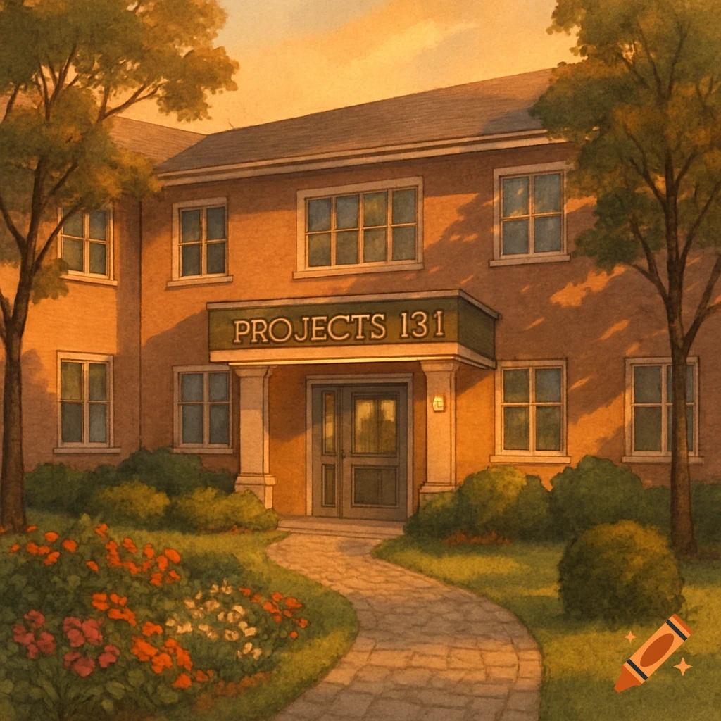 An illustrative painting of a building with 'PROJECTS 131' on a sign above its entrance, surrounded by a garden, path, and trees.