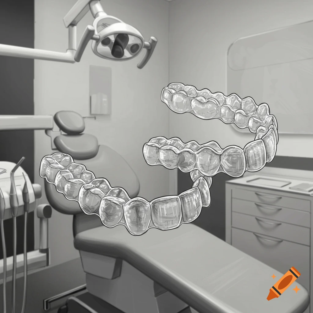 Black and white drawing of clear dental aligners floating in a dental examination room.
